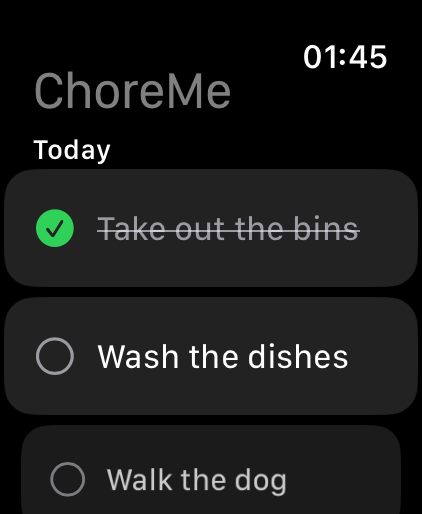 ChoreMe on Apple Watch — today's chores